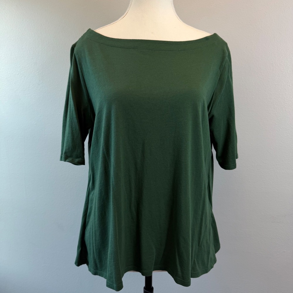 Loft Lrg Forest Green Boatneck Elbow Sleeve Top Knotted Bow Back Miimalist Basic